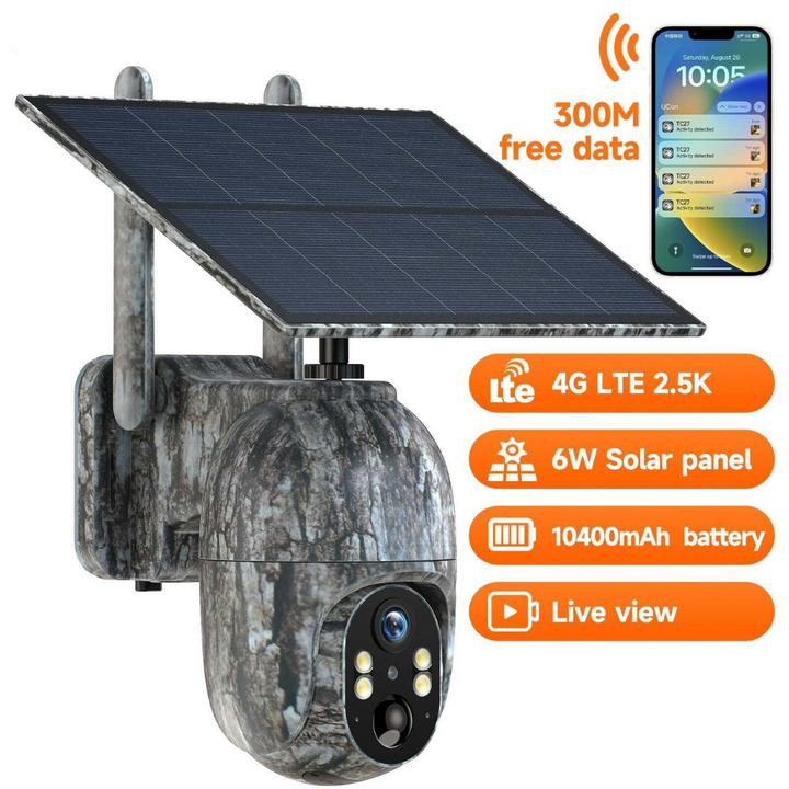 Säkerhetskamera utomhus med 4G LTE, 6W solpanel och 10400mAh batteri