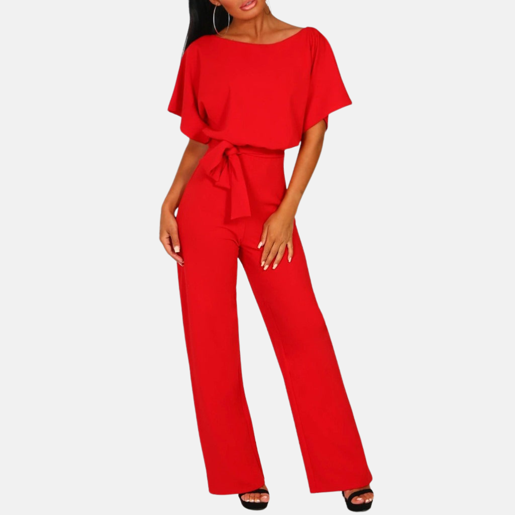 Röd kortärmad jumpsuit för dam med smickrande hög midja