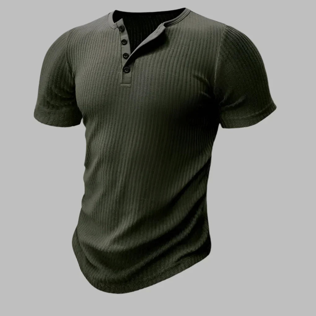 Grå muskelpassform henley t-shirt för herrar med knäppning, sedd bakifrån