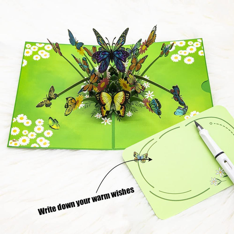 "3D popup-kort prytt med färgglada fjärilar och blommor, perfekt vårpresent i högkvalitativt färgkortspapper."