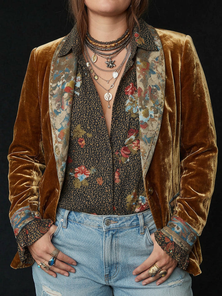 Framifrån av dam i brun vintageblazer med blommiga mönsterdetaljer