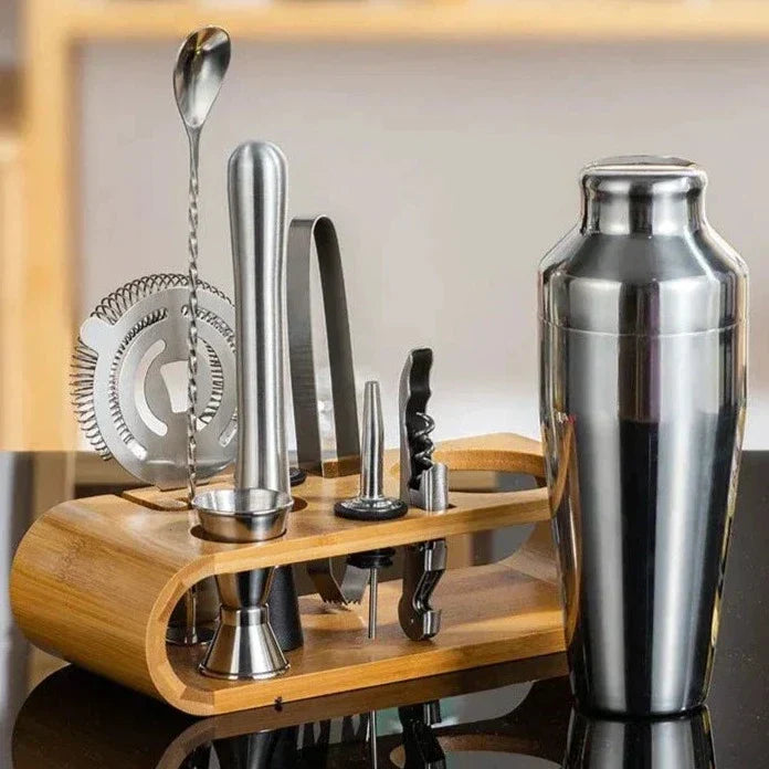 Komplett metalliskt cocktail bar set med träställ