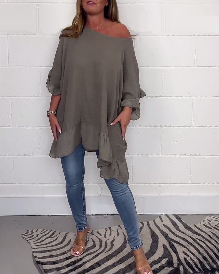Enfärgad casual topp med volangärm