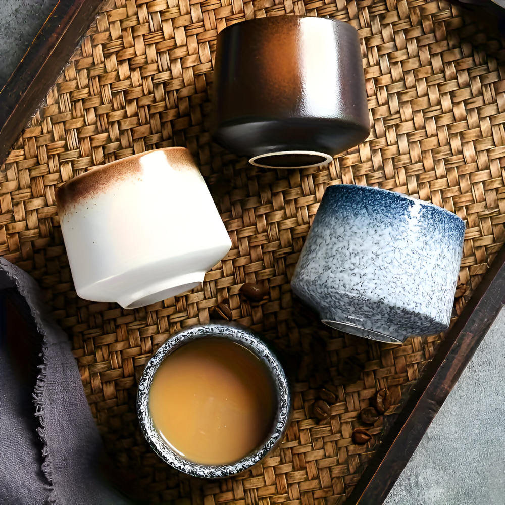 Unikt 4-delars koppset med jordfärger i handgjord keramik, perfekt för kaffe eller te i nordisk design.
