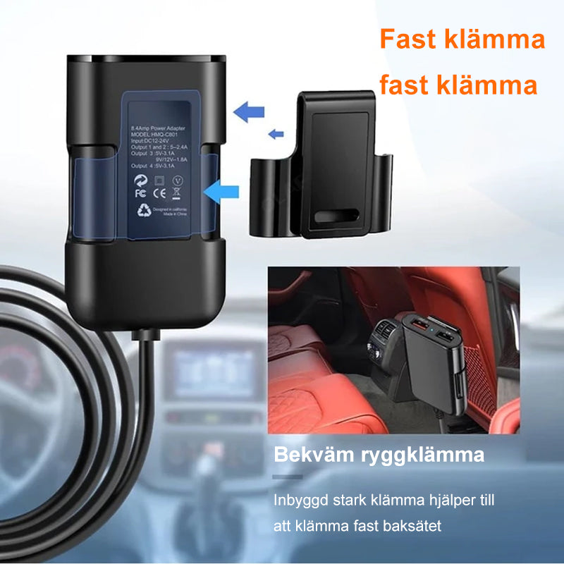 4-i-1 bilbaksätesladdare för snabbladdning, fyra USB-portar, QC3.0 teknik. Perfekt för resor, laddar flera enheter.