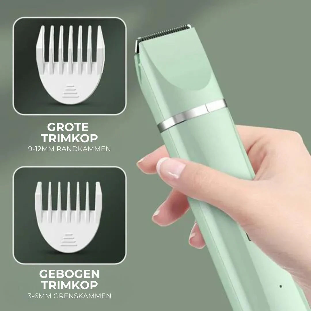 Komplett husdjursvård med 4-i-1 djurtrimmer. Innehåller allt för pälstrimning, tassar och klovård. Ett groomingkit.