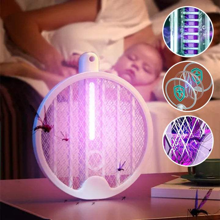 "4-i-1 elektronisk myggdödare med LED-ljus, väggmonterad och bärbar, i elegant svart design för effektiv myggkontroll."