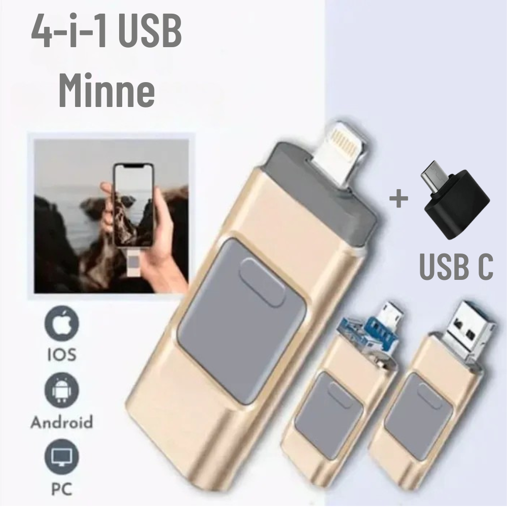 Kompakt 4-i-1 USB-minne för snabb bildöverföring och enkel lagring av filer.