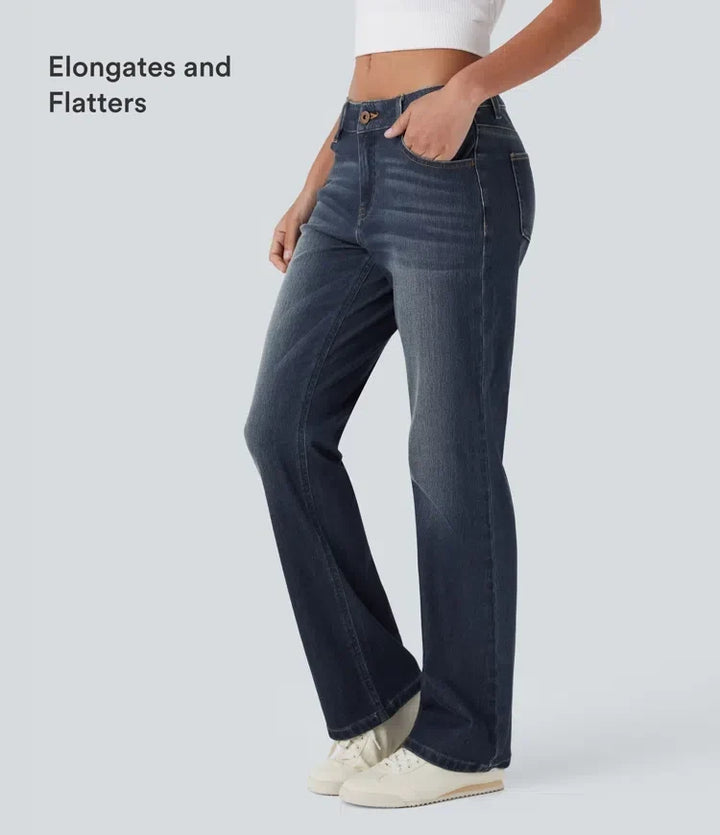 Närbild på knapp och gylf på stretchiga lågmidjade damjeans