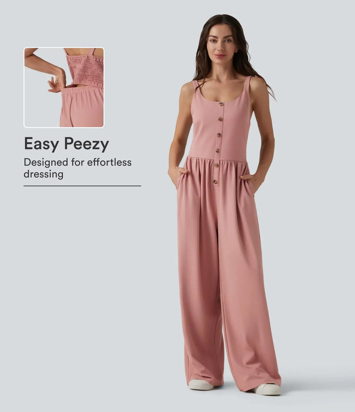 Elegant ärmlös jumpsuit för dam bakifrån visande vida ben