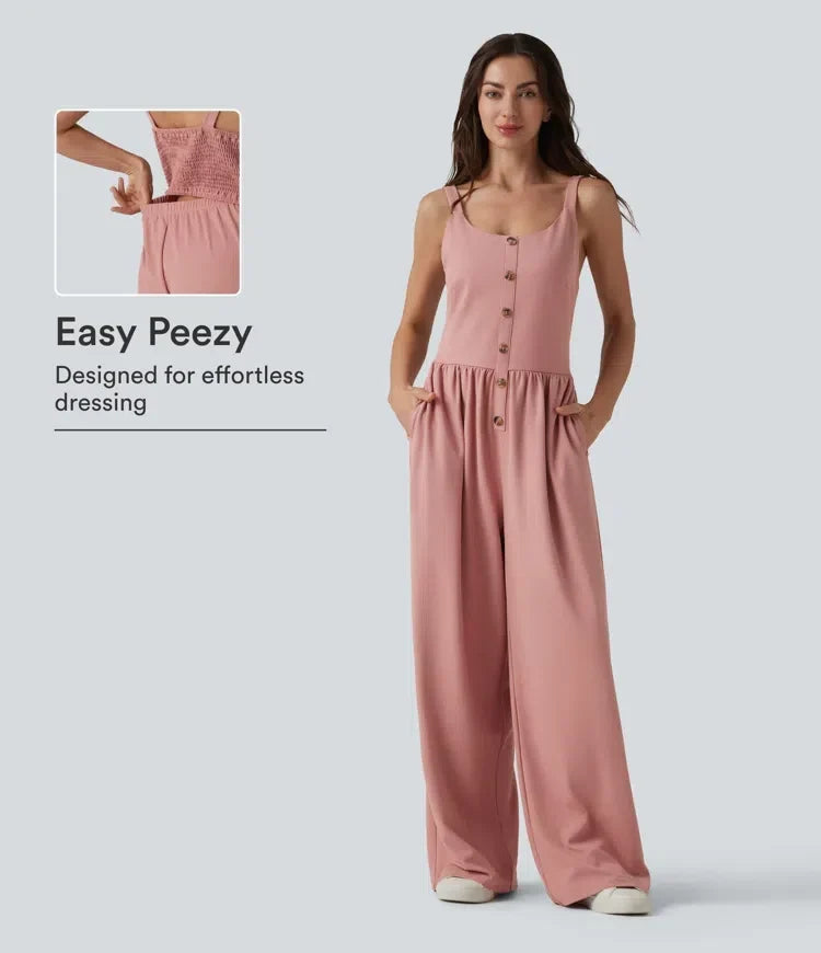 Rosa ärmlös jumpsuit med vida ben och knappar framtill för dam