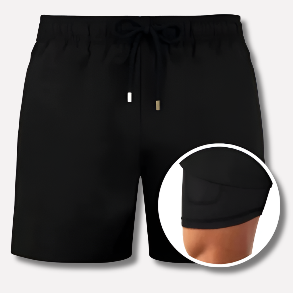 Svart simshorts med dragsko och detaljbild på innerfoder