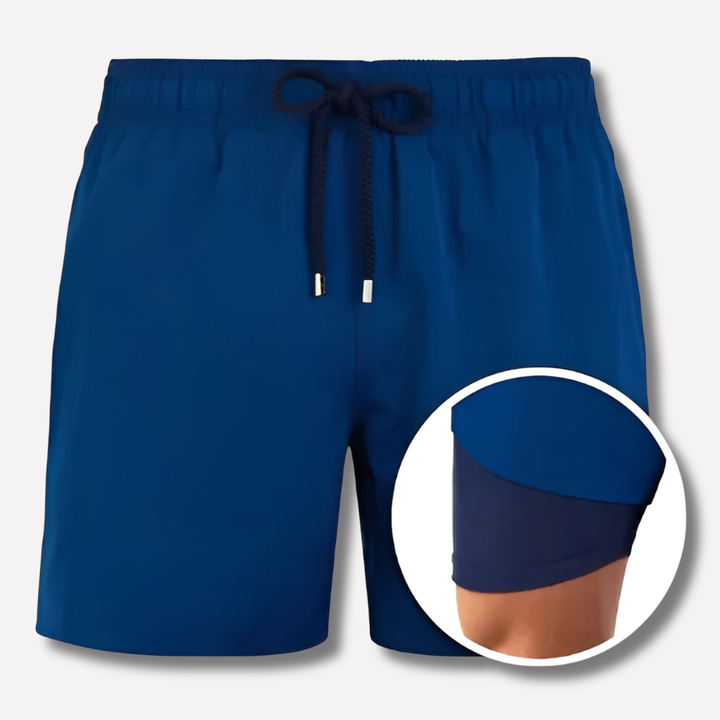 Blå simshorts med dragsko och detaljbild på innerfoder