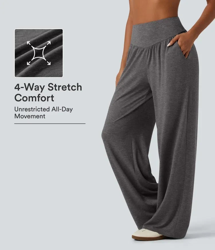 Grå högmidjade baggy yogabyxor med fickor och stretchtyg