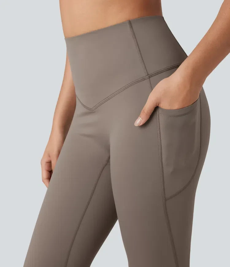 Damernas svarta fleece yogaleggings med hög midja bakifrån