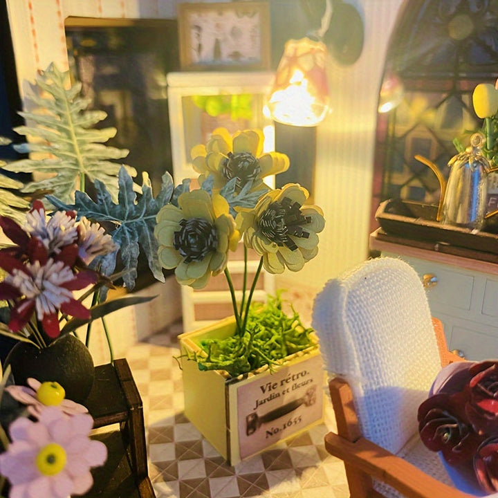 Detaljerad närbild på handgjorda gula blommor och inredningsdetaljer