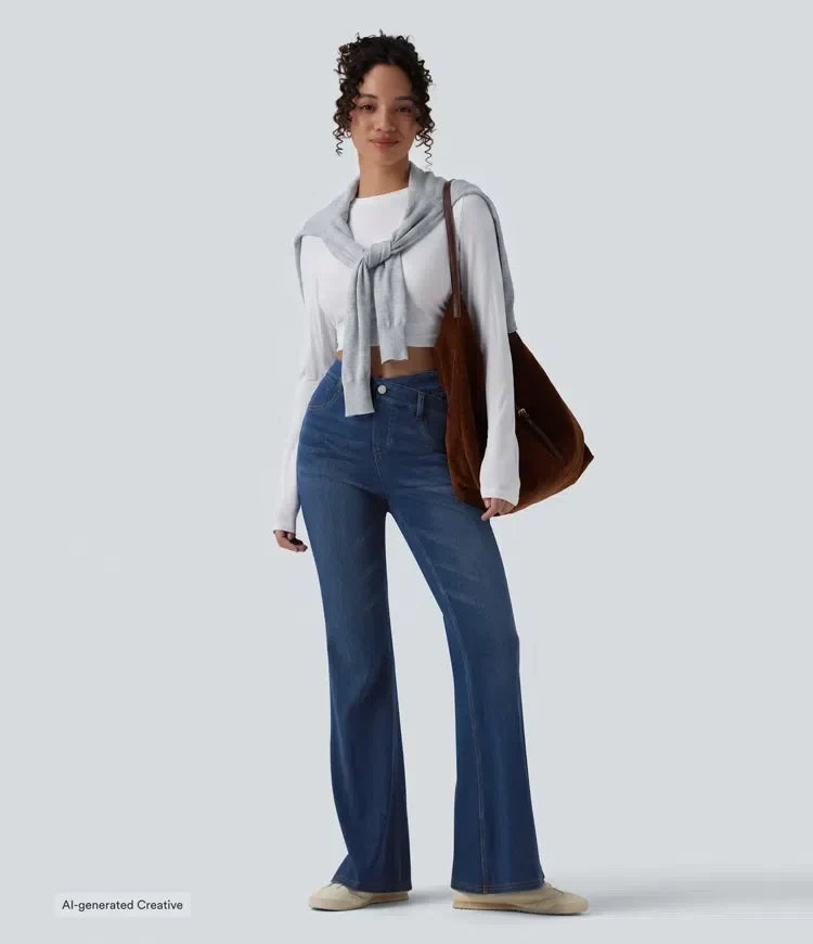 Högmidjade bootcut jeans med trendig crossover midja för dam