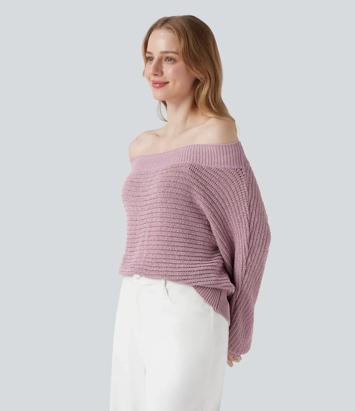 Stickad off shoulder tröja för dam i bekväm vardagsmodell med lång ärm