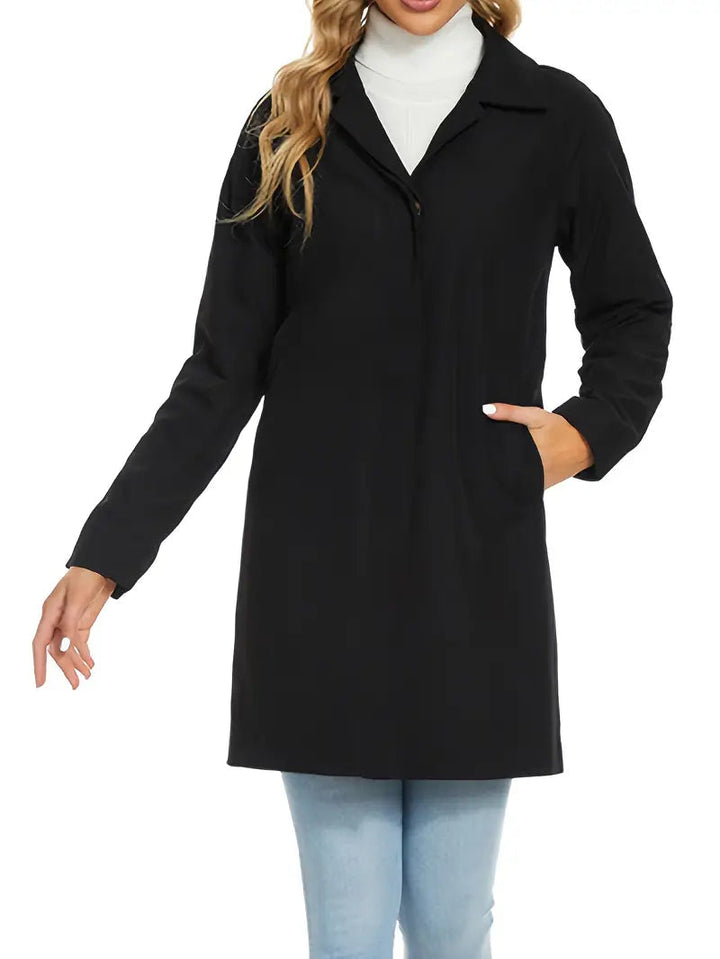 Svart lång damtrenchcoat med notchkrage och fickor