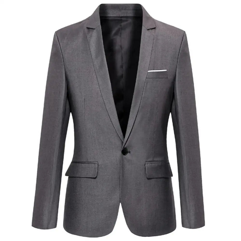 Grå slim fit business blazer för män, detaljbild av slag och bröstficka