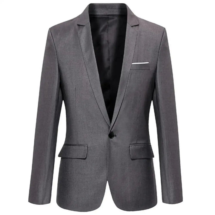 Grå slim fit business blazer för män, detaljbild av slag och bröstficka