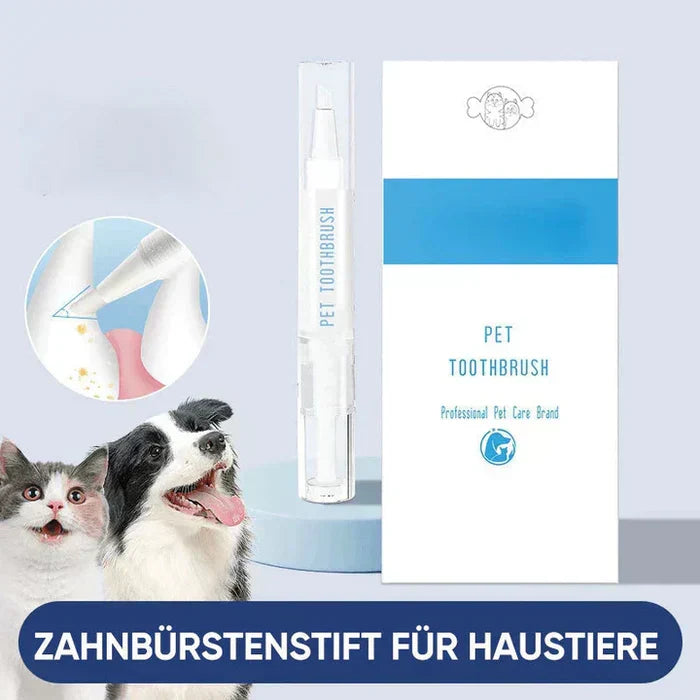 Tandborstpenna för husdjur med tillhörande förpackning samt hund och katt