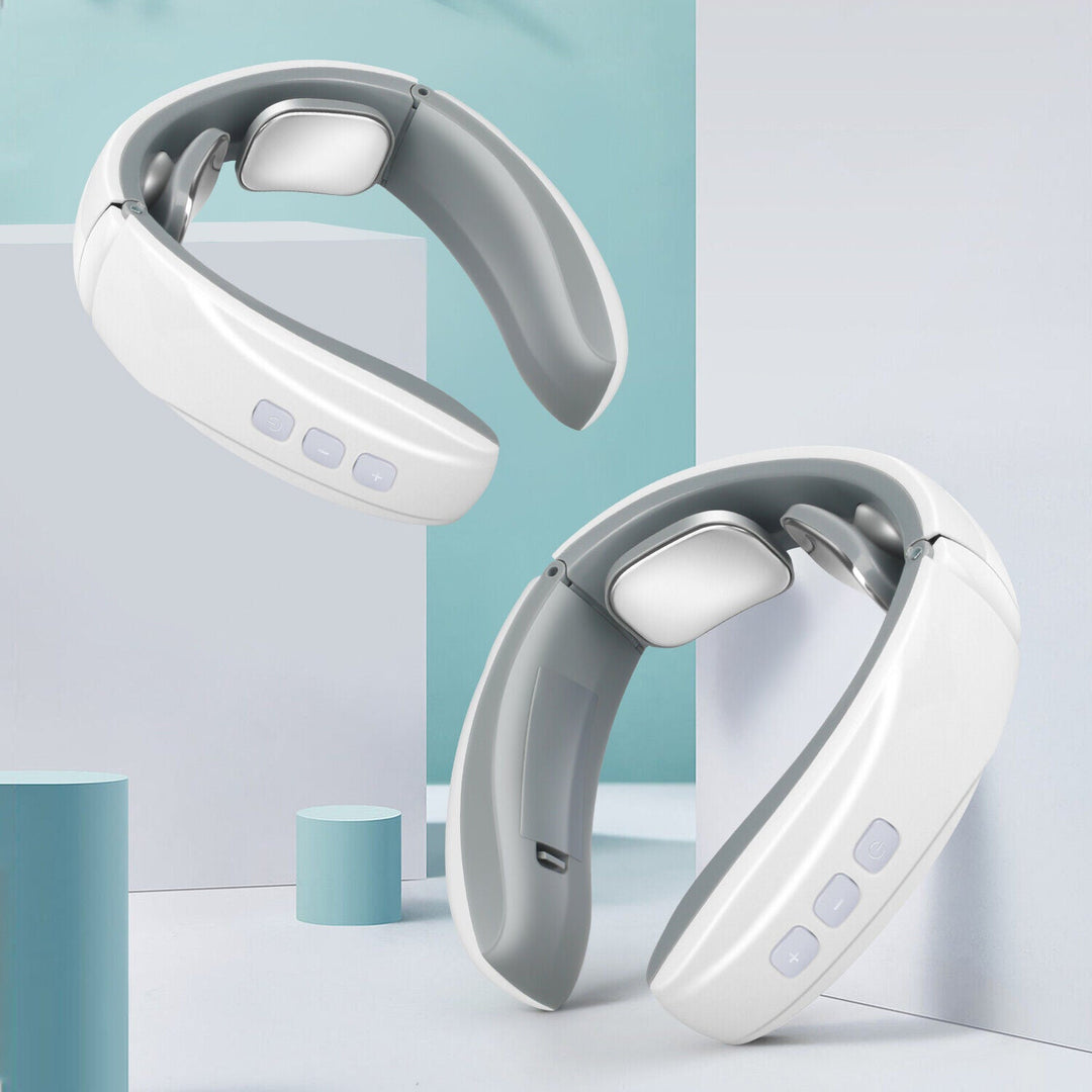 Närbild på elektrisk pulsnackmassager som visar ergonomisk design för nacke och axlar.