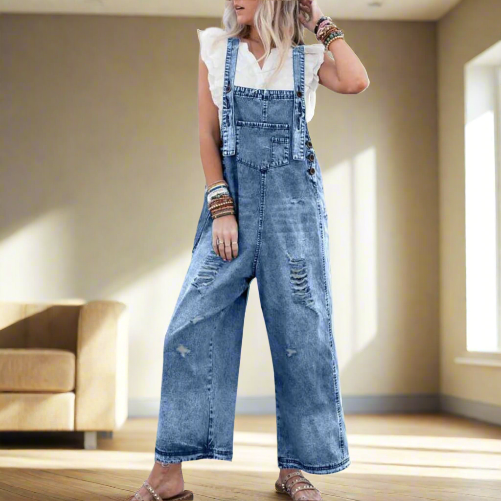 Brun dam jumpsuit i vintage stil med vida ben och knäppning