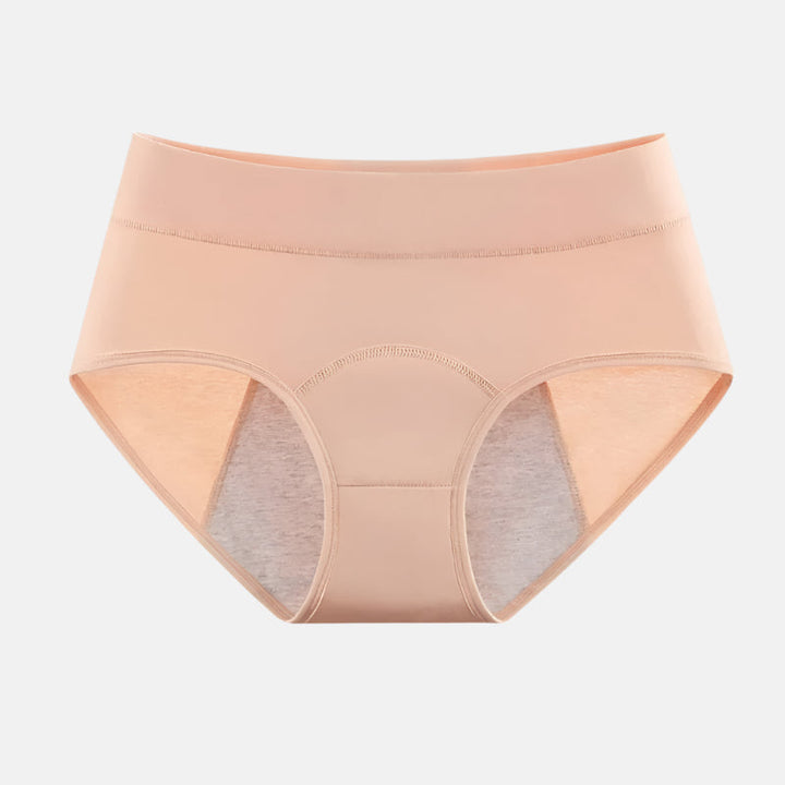 Beige läckagesäkra menstruationsunderkläder med synligt grenskydd