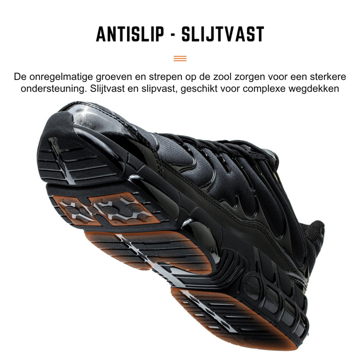 Ergonomiska säkerhetsskor med dämpande sula för bekväm arbetsdag.