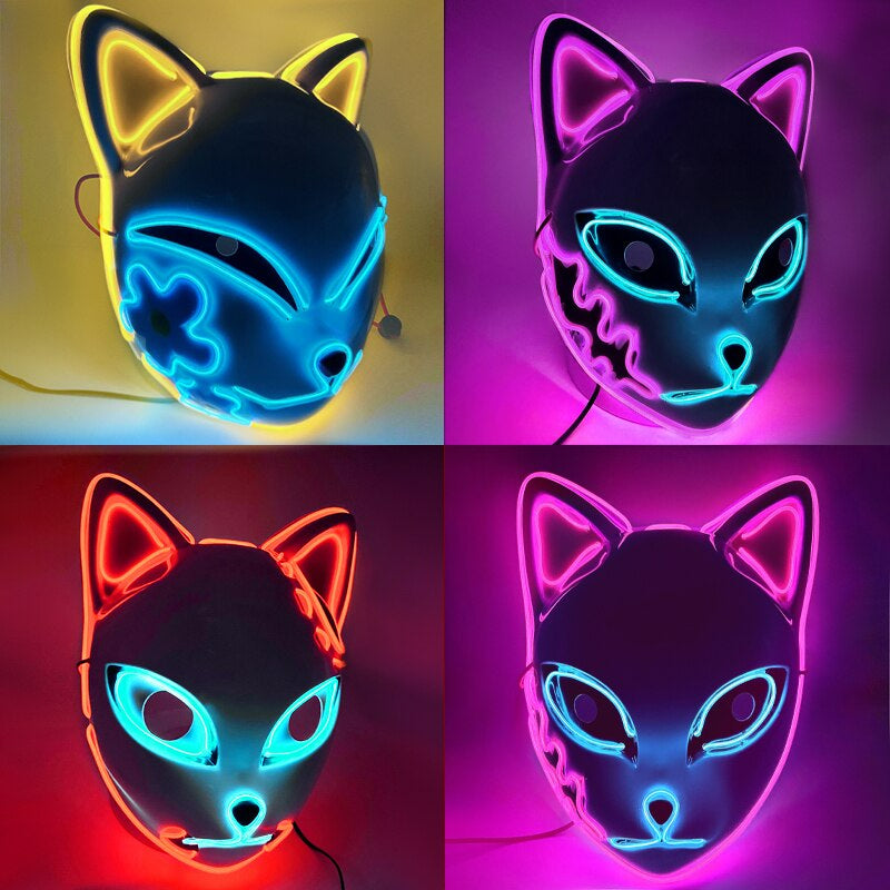 Kollage som visar LED-masken tänd i rosa, gult och rött sken