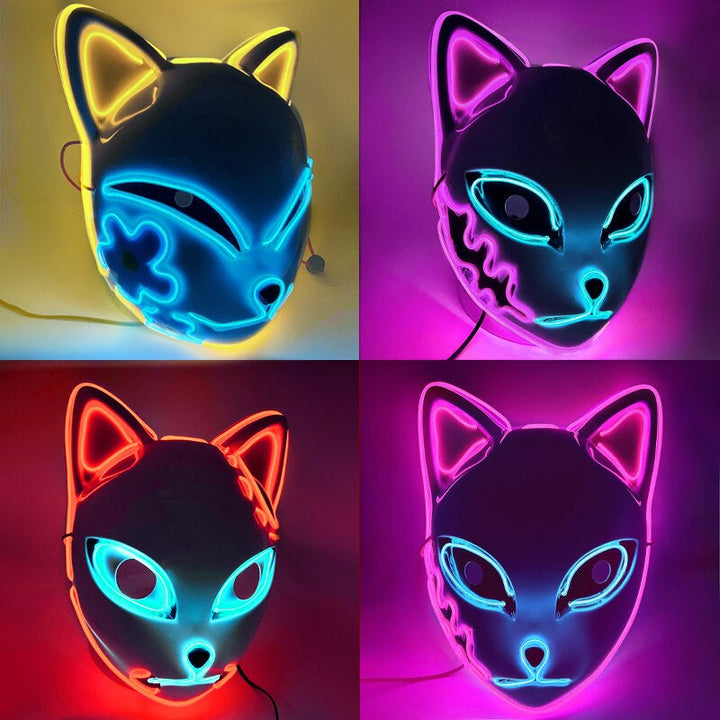 Kollage som visar LED-masken tänd i rosa, gult och rött sken