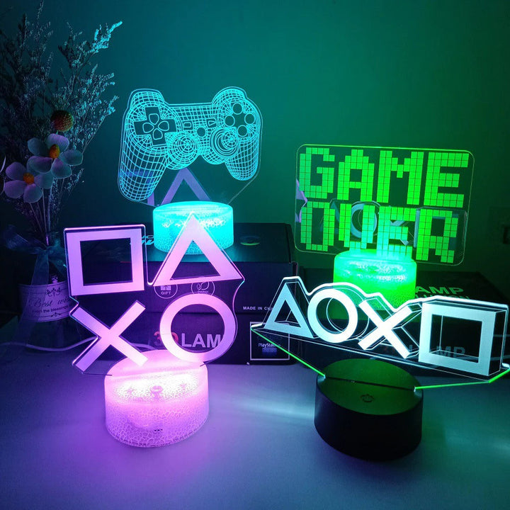 Flera olika 3D LED-lampor för gamers upplysta i olika färger