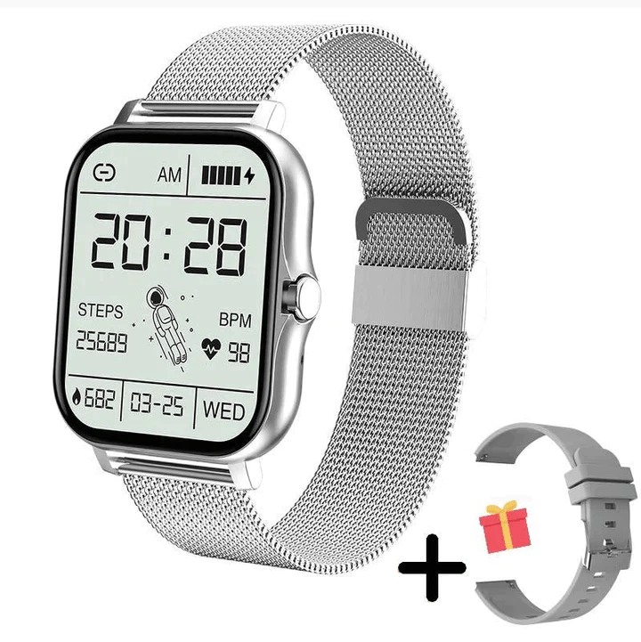Silverfärgad smartklocka med digital skärm och extra armband