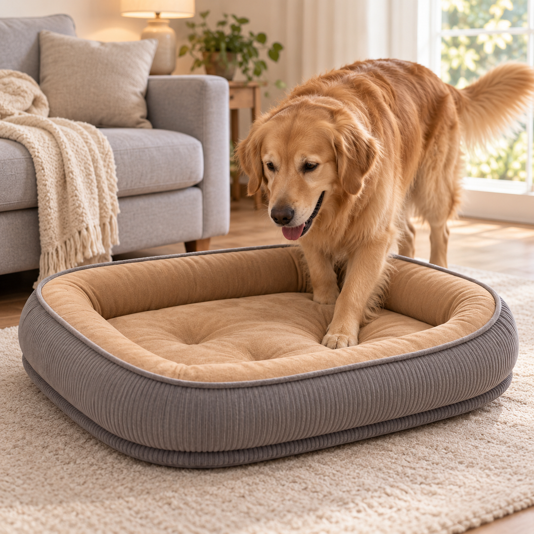 Glad golden retriever som kliver i sin nya husdjurssoffa på mattan