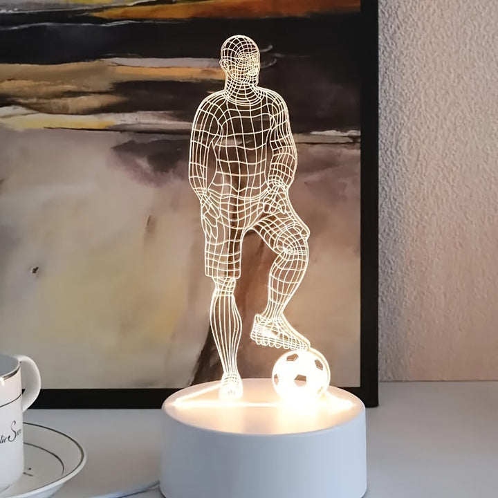 Närbild på 3D fotbollsspelare lampa med färgstarkt LED-ljus för barnrummet