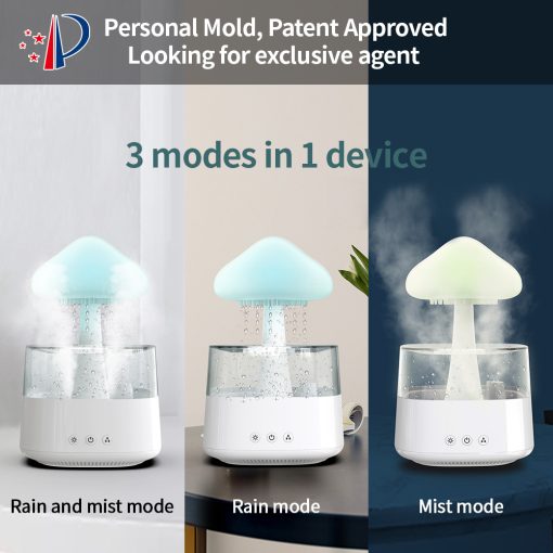 Närbild på regneffekten hos moln luftfuktare med LED belysning