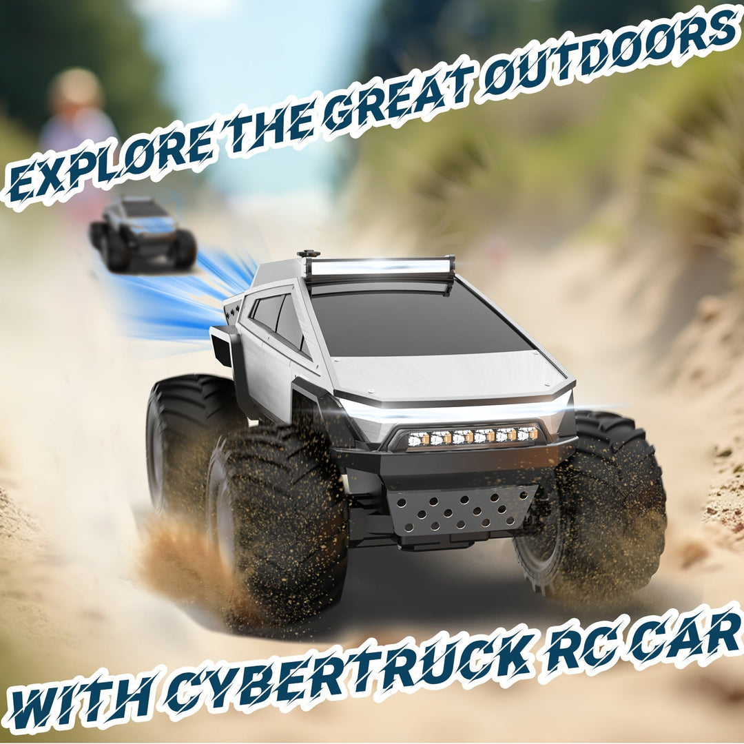 Medföljande fjärrkontroll och RC monstertruck uppställda tillsammans