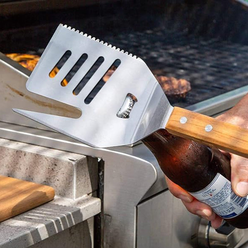 5-i-1 köksverktyg och grillspade med gaffel, brett blad, halkfritt mjukt handtag. Mångsidig och värmetålig design.