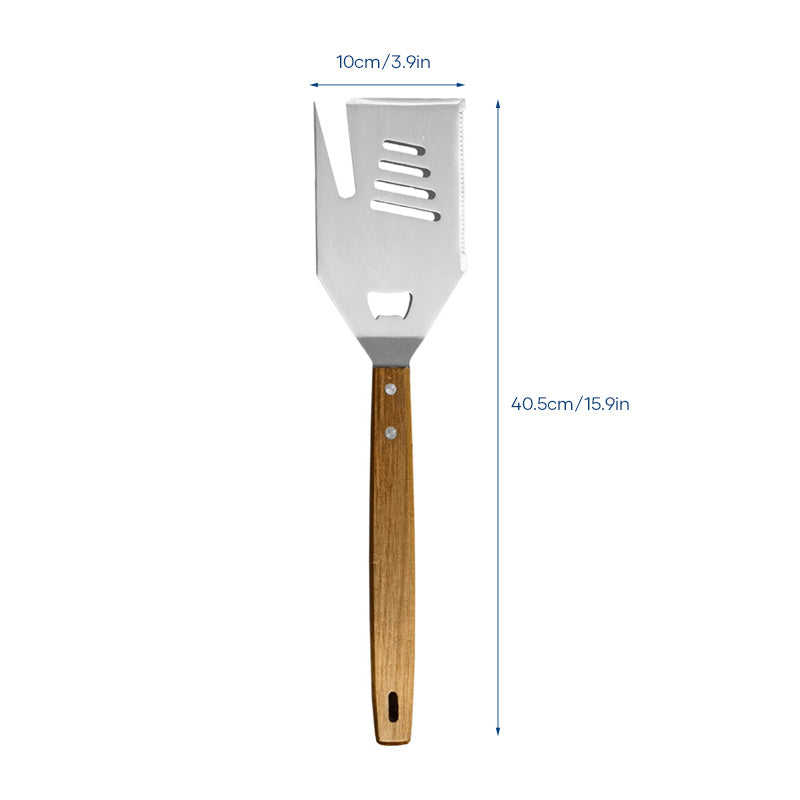 5-i-1 köksverktyg och grillspade med gaffel, brett blad, halkfritt mjukt handtag. Mångsidig och värmetålig design.