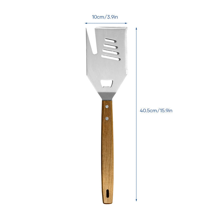 5-i-1 köksverktyg och grillspade med gaffel, brett blad, halkfritt mjukt handtag. Mångsidig och värmetålig design.