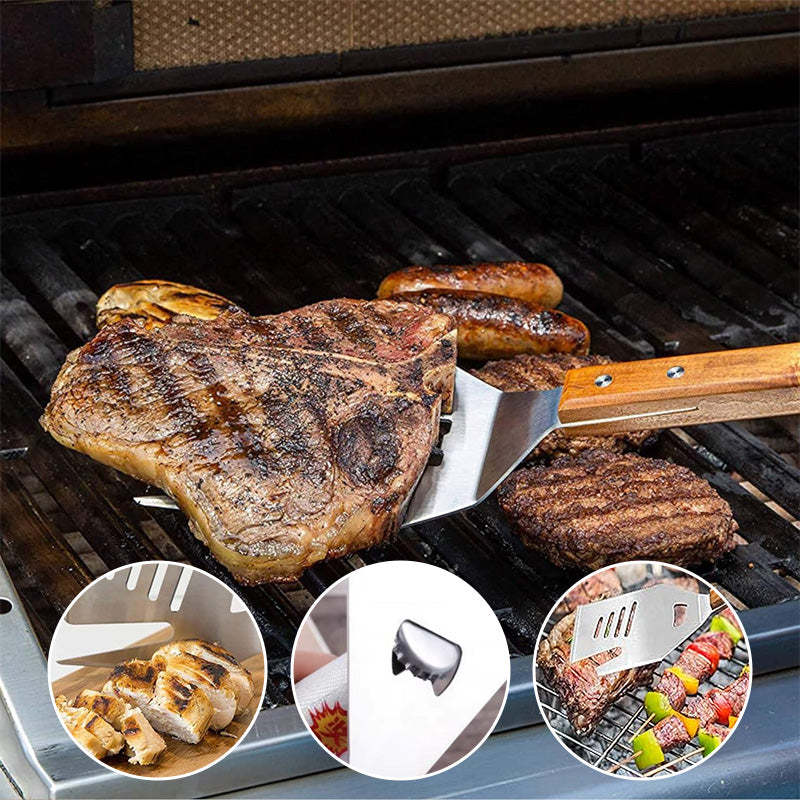 5-i-1 köksverktyg och grillspade med gaffel, brett blad, halkfritt mjukt handtag. Mångsidig och värmetålig design.