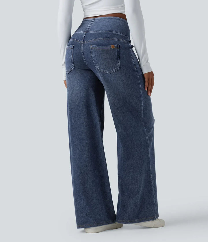 Stilrena vardagsbyxor i denim med vida ben för dam