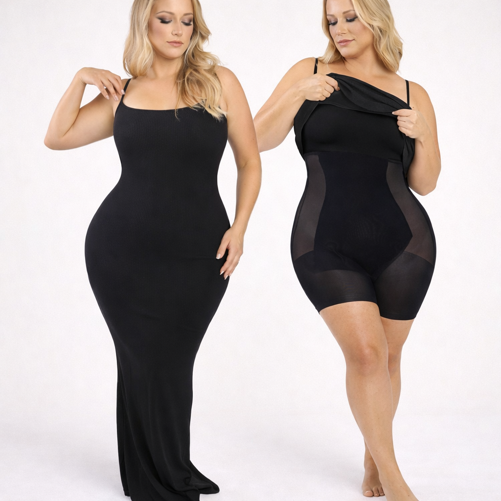 Elegant damklänning med shapewear-effekt som framhäver formerna på en festlig tillställning