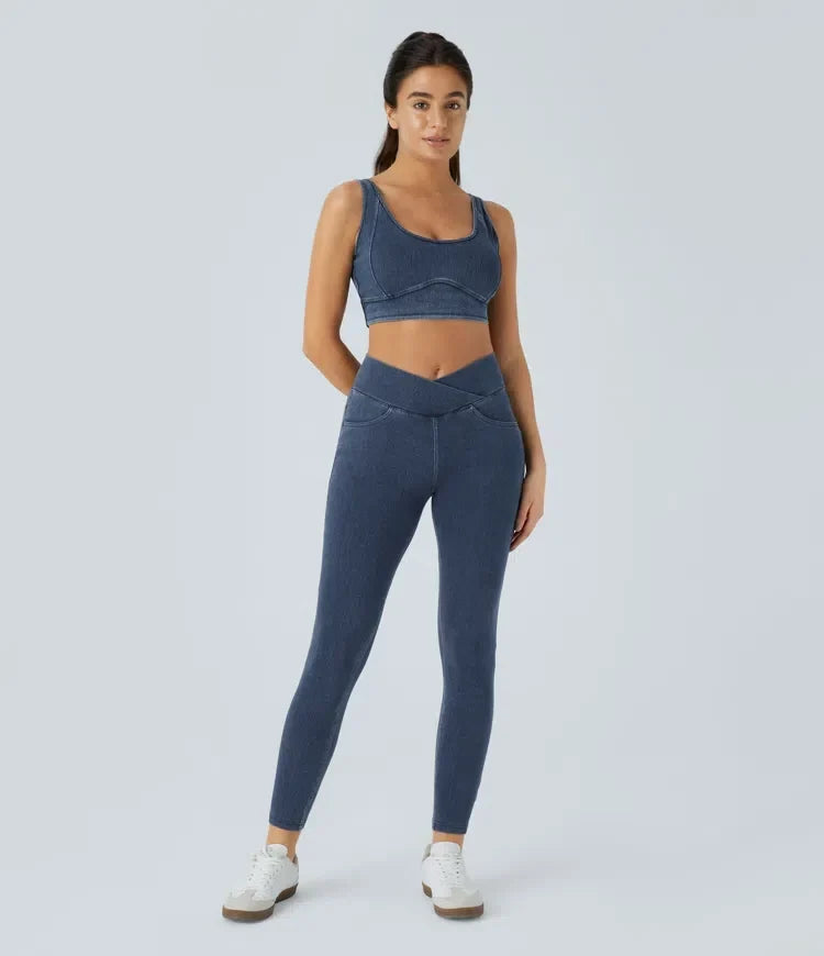 Högmidjade crossover denim leggings för dam i stretchigt tyg