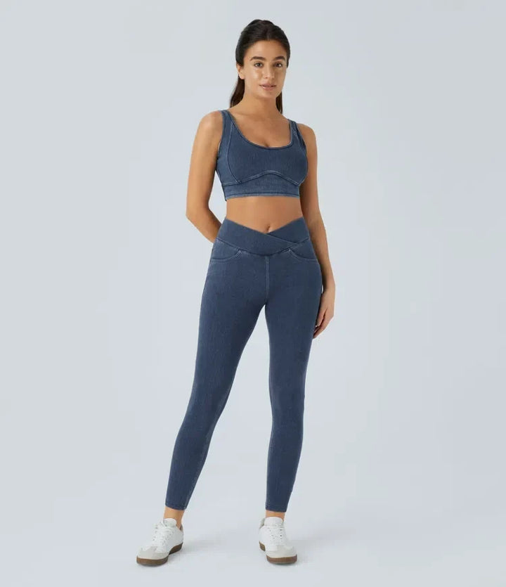 Högmidjade crossover denim leggings för dam i stretchigt tyg