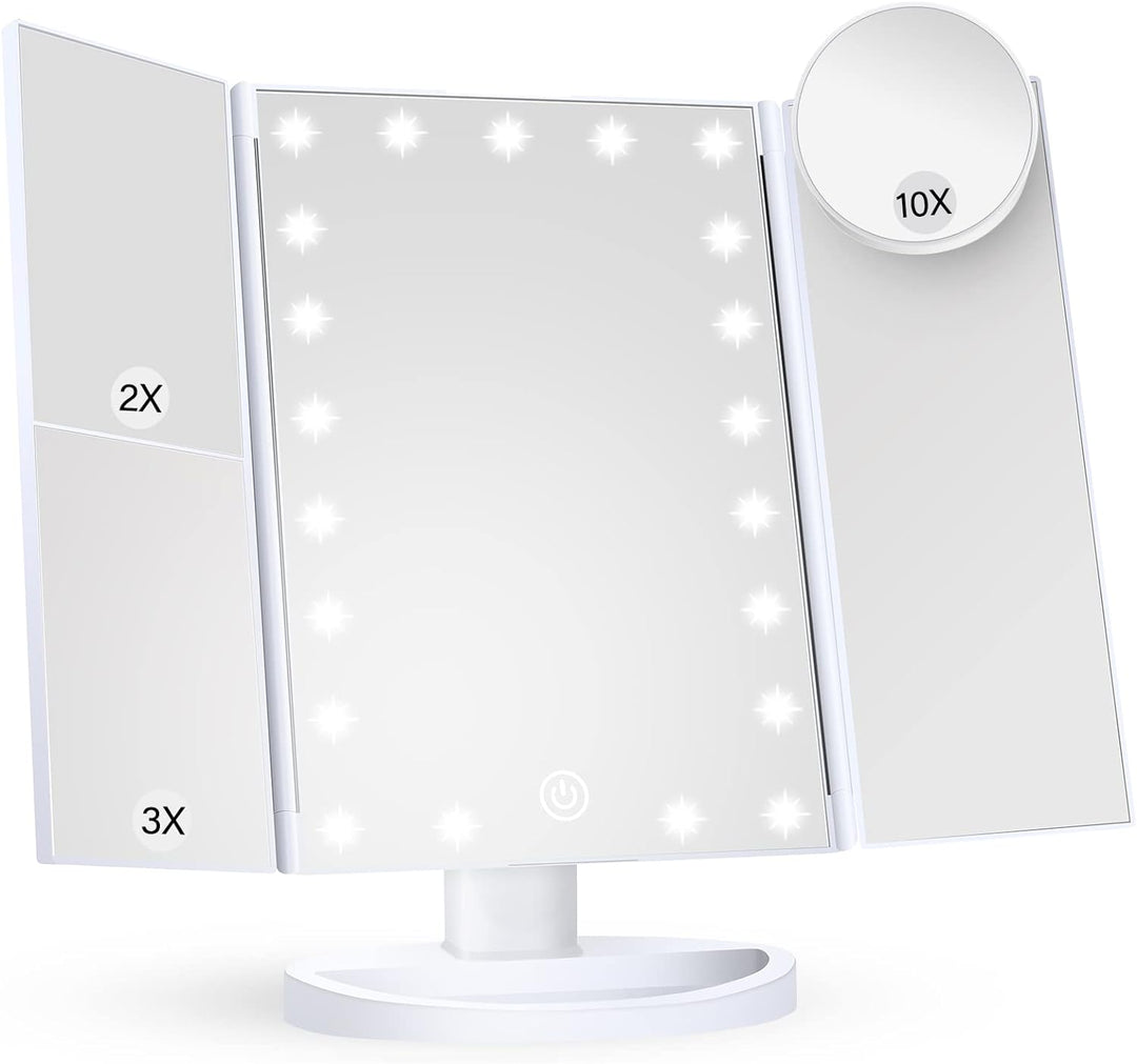 Tri-fold LED sminkspegel med touch-knapp och förstoringsglaset upptill