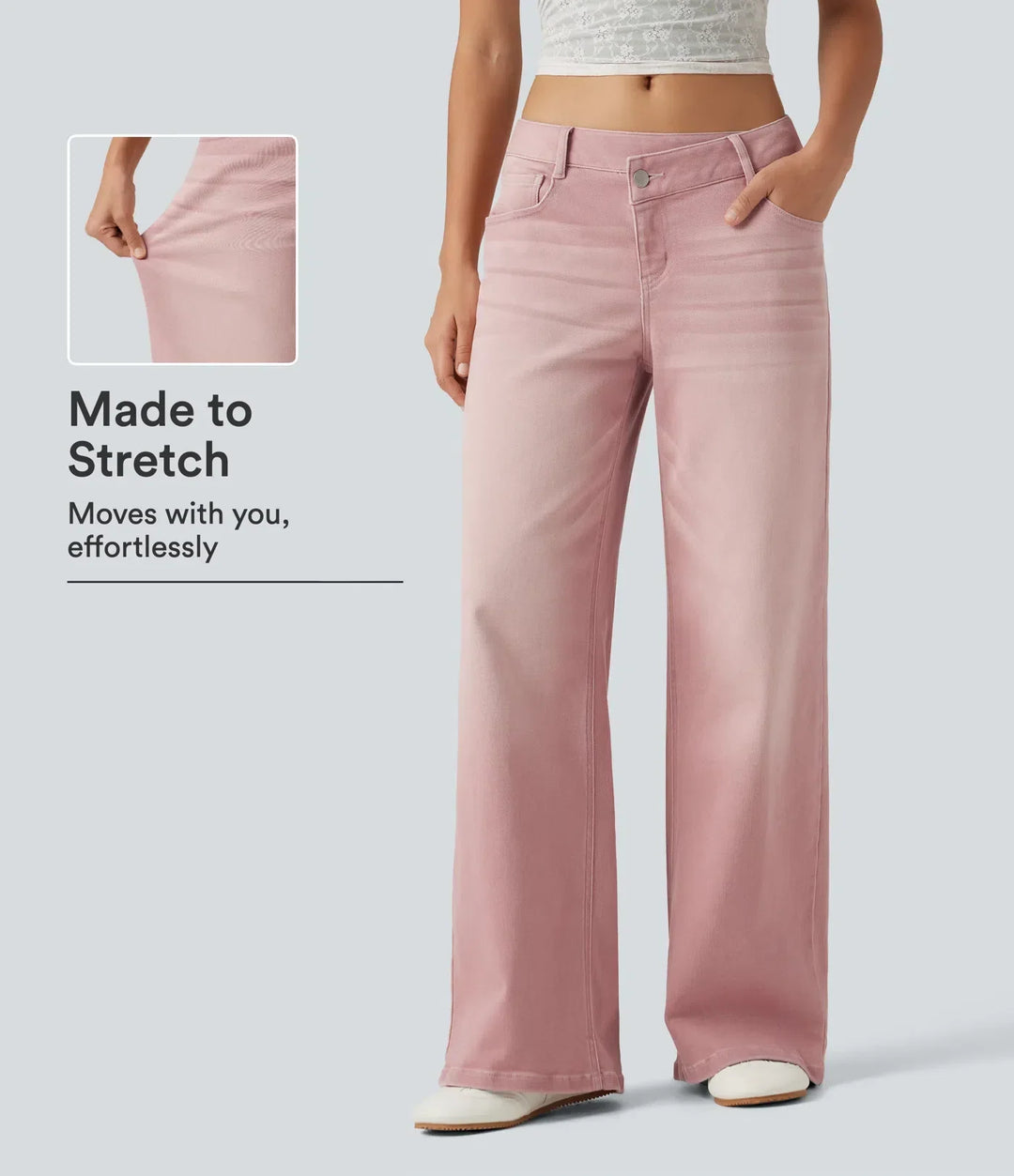 Närbild på tyget i moderiktiga jeans för dam