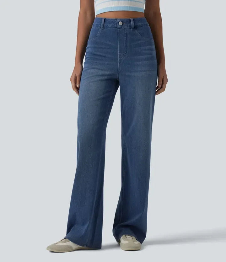 Framsida av damens högmidjade vardagsjeans med raka ben