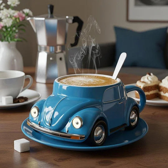 Blå BeetleBrew keramisk kaffemugg med ångande kaffe i hemma-miljö